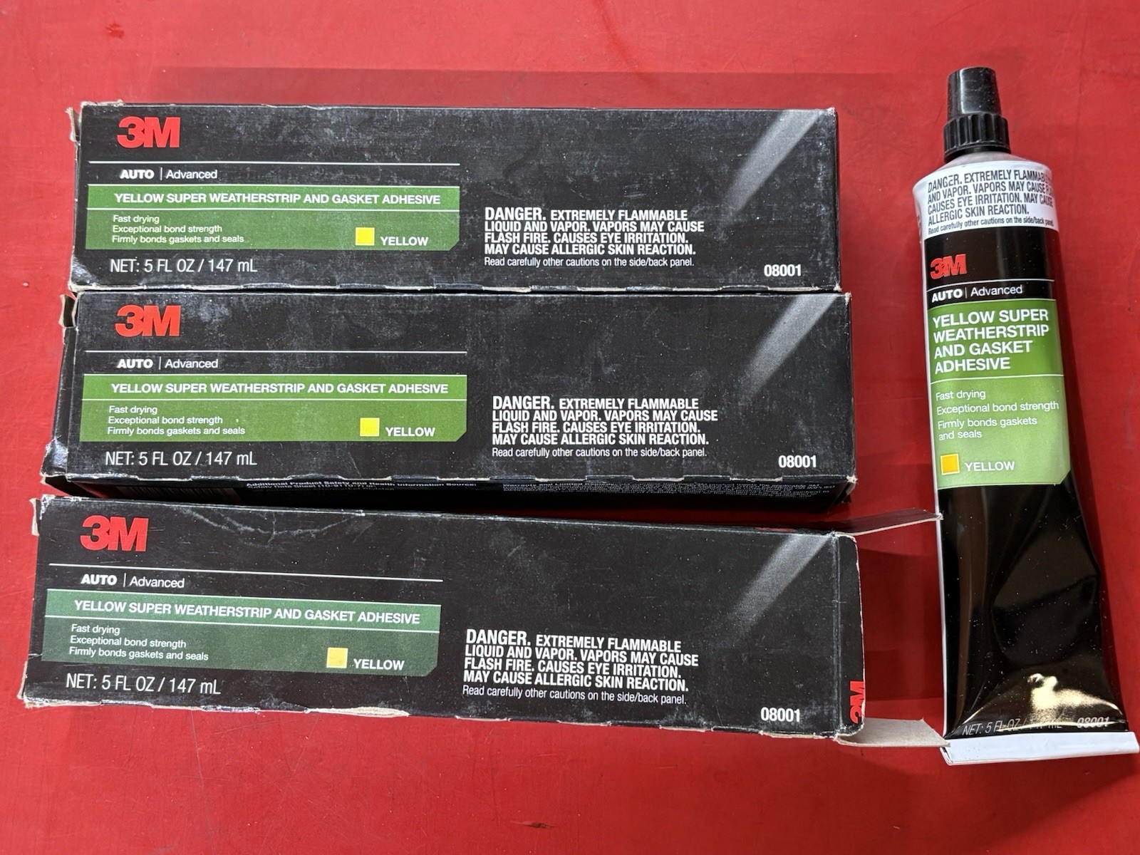 LOT OF (3) 3M 08001 YELLOW SUPER WEATHERSTRIP & GASKET ADHESIVE 5 oz. EACH TUBE