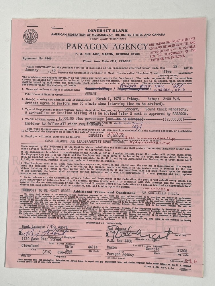 Argent Concert Contract 1975 Warren OH