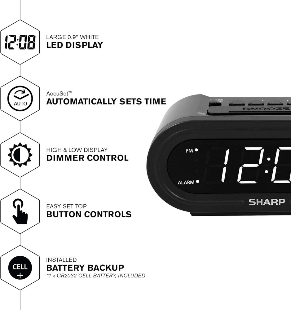Sharp Digital Alarm with AccuSet - Automatic Smart Midnight Black-white Led