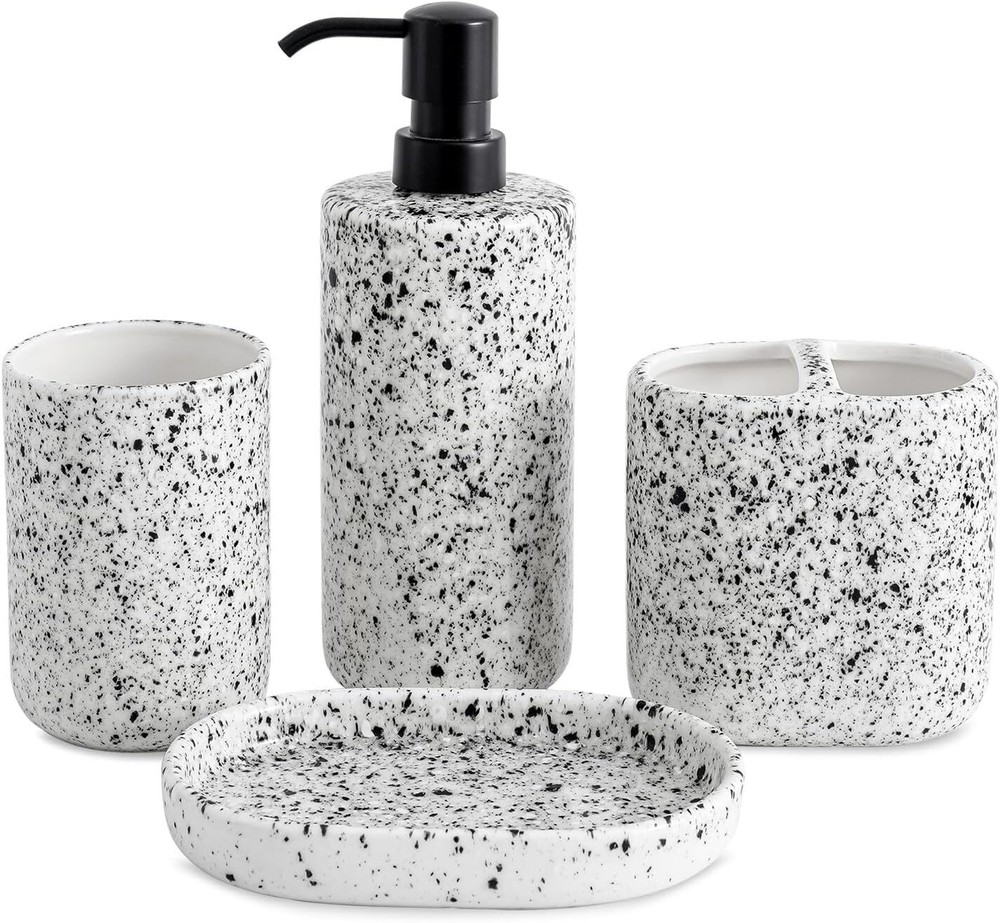 Bathroom Accessories Set 4 Pcs - Featuring Unique Ink-Splattered Design White