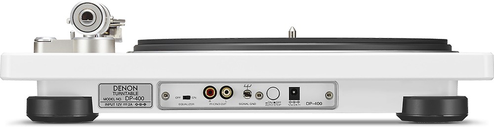 Denon DP400, white turntable with speed auto sensor