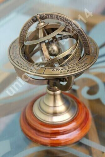 Engraved Brass Tabletop Armillary Nautical Sphere World Globe With Base Table