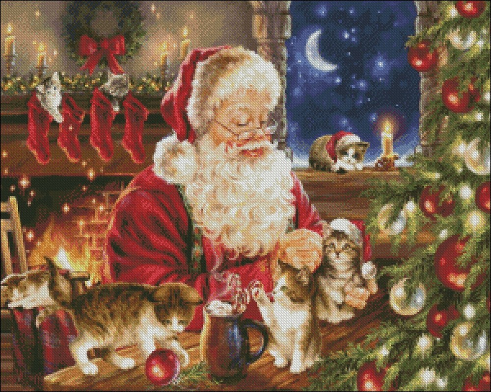Christmas Kittens - DIY Chart Counted Cross Stitch Patterns Needlework Santa