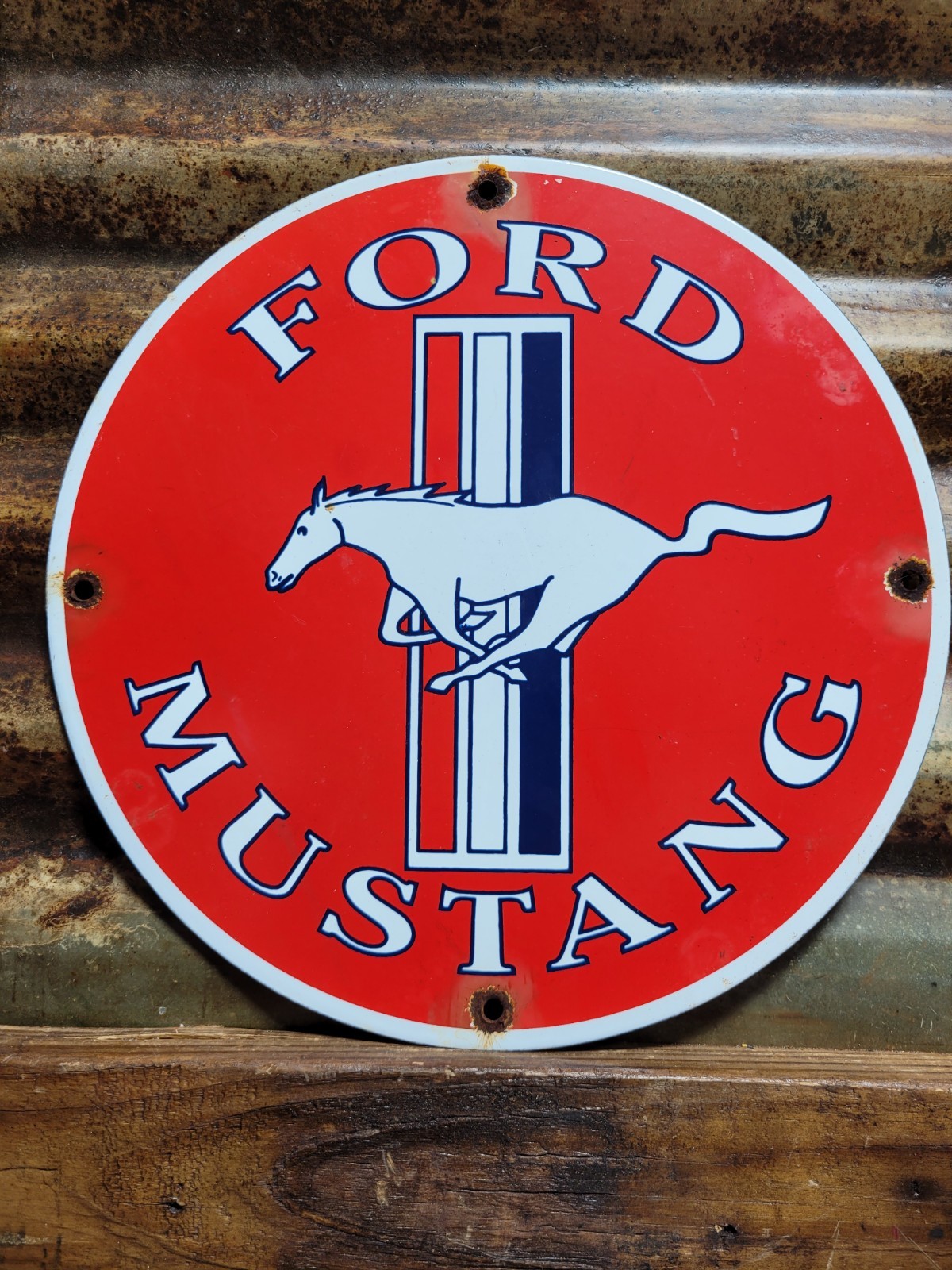 VINTAGE FORD MUSTANG PORCELAIN SIGN OLD FOMOCO MOTOR SERVICE AUTO PARTS HORSE