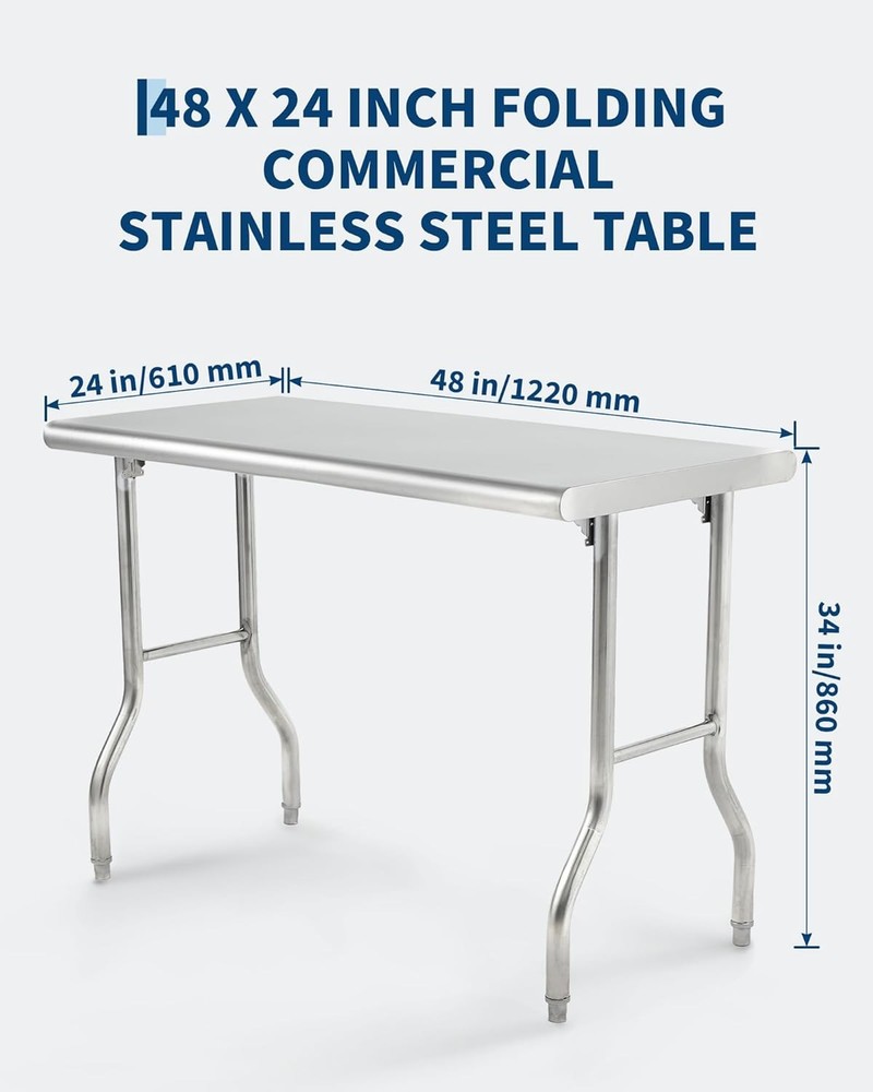 Multi-Purpose Stainless Steel Work Table 48x24in,Foldable, Extra Storage Surface