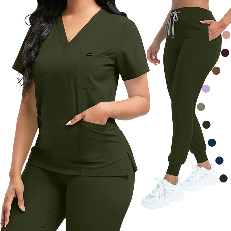 Women Men Stretch Nurse Uniform Medical Scrub Sets V-Neck Top Jogger Pant Unisex
