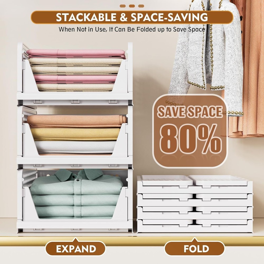 5 Pack Stackable Closet Storage Basket, Multifunctional & Foldable Closet Organi