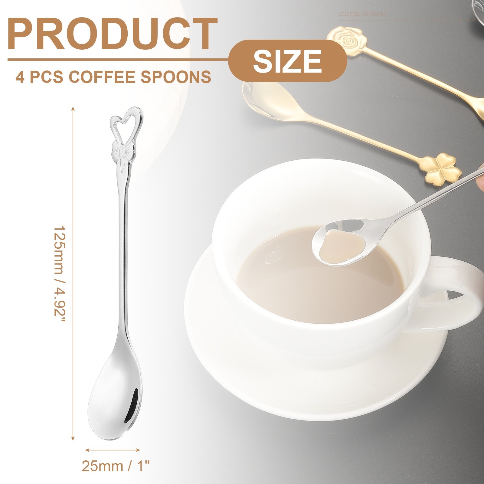 4pcs Coffee Spoons, Heart Tea Spoons Stainless Steel, Silver