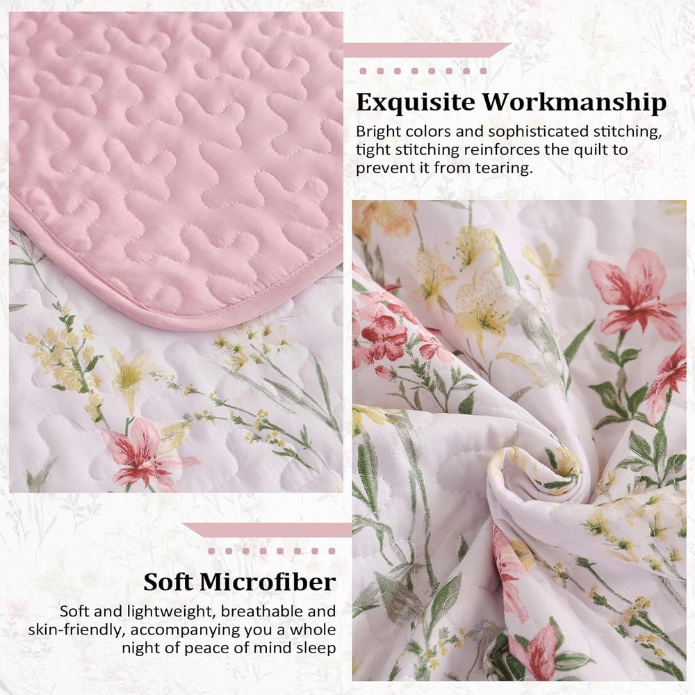 Soft Microfiber King Size Quilt Set in Pink Floral Pattern for -Round Style