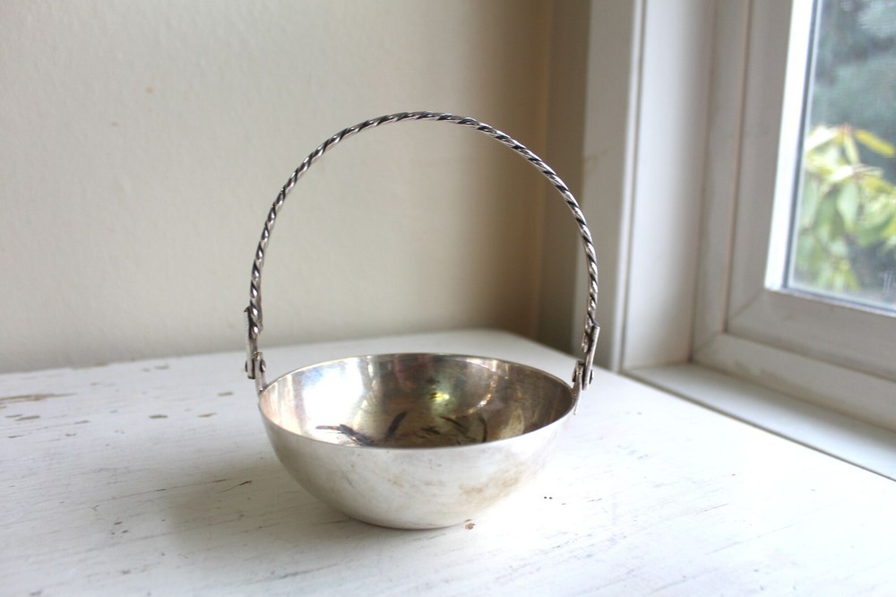 Low Silverplate Metal Bowl with Twist Swing Handle Easter Basket Incense Burner