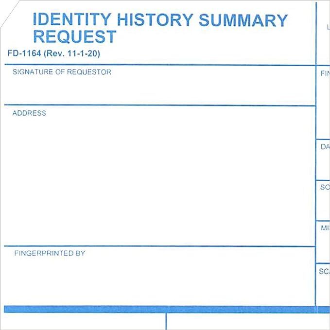 FD-1164 Card, for FBI Identity History Summary Checks, 50 Pack