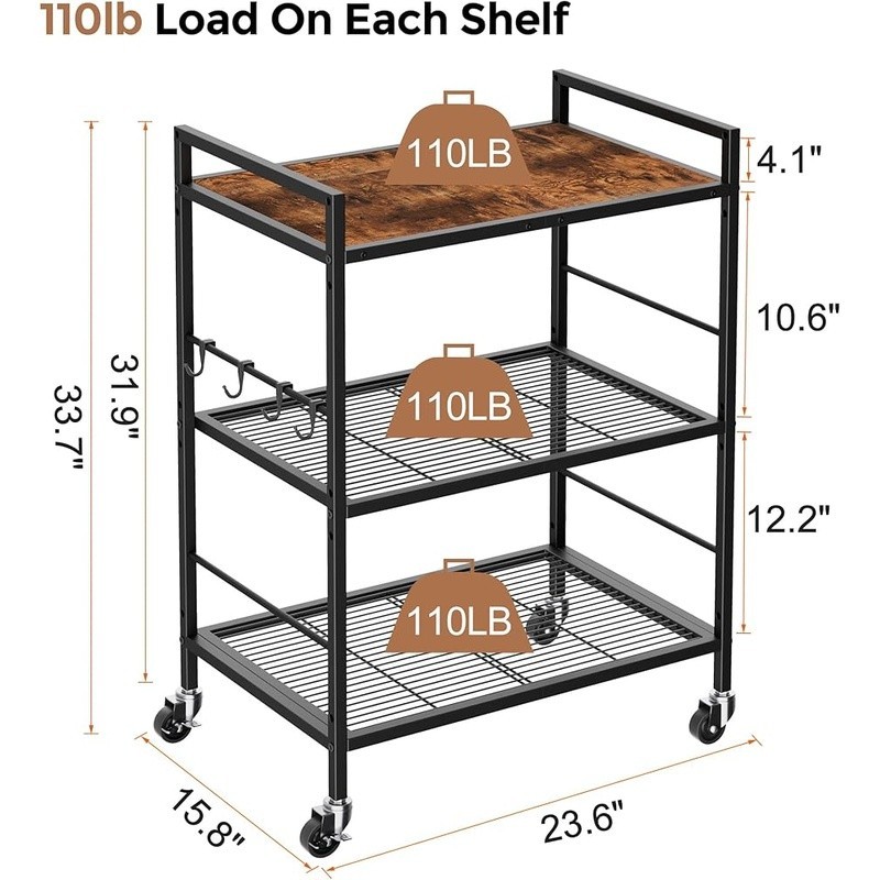 Microwave Storage Cart Rolling Kitchen Island Adjustable Shelves Lockable Wheels