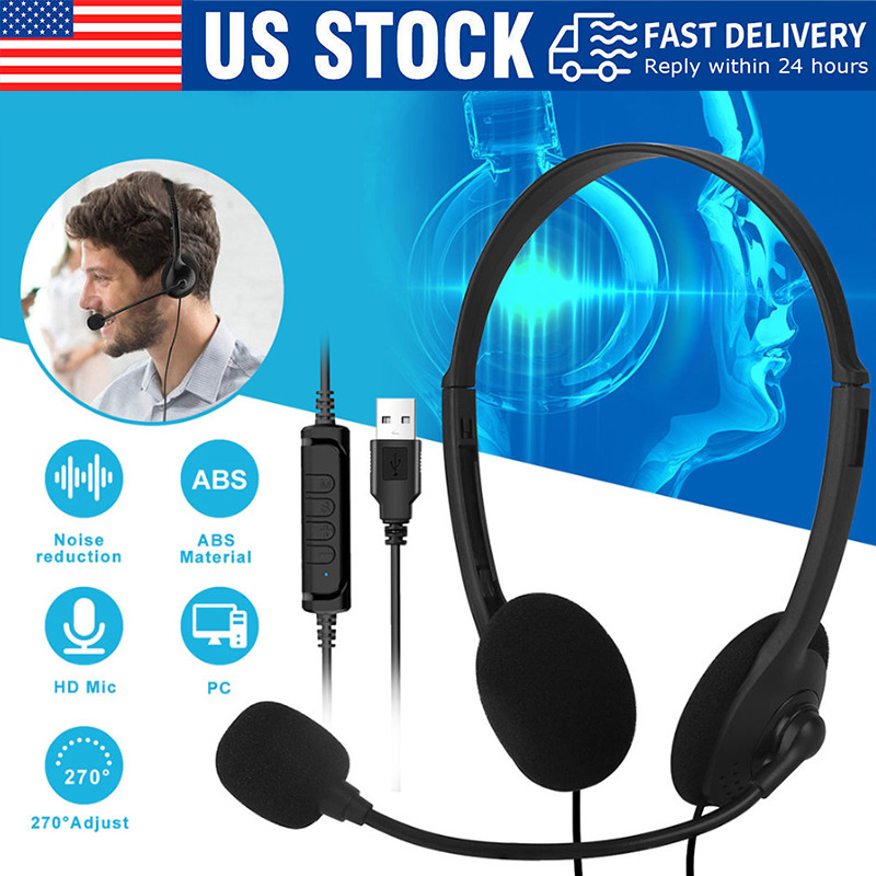 USB Headset Headphone With Microphone Noise Cancelling For PC Computer Call Chat