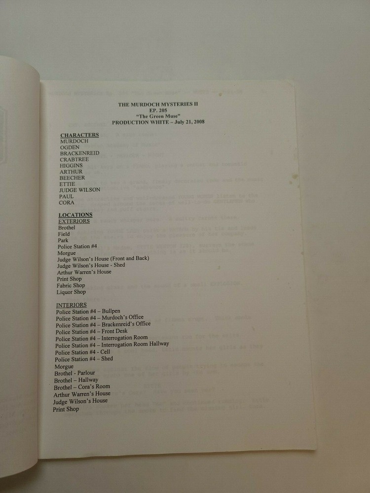 MURDOCH MYSTERIES / Bobby Theodore 2008 TV Script, Yannick Bisson "Green Muse"