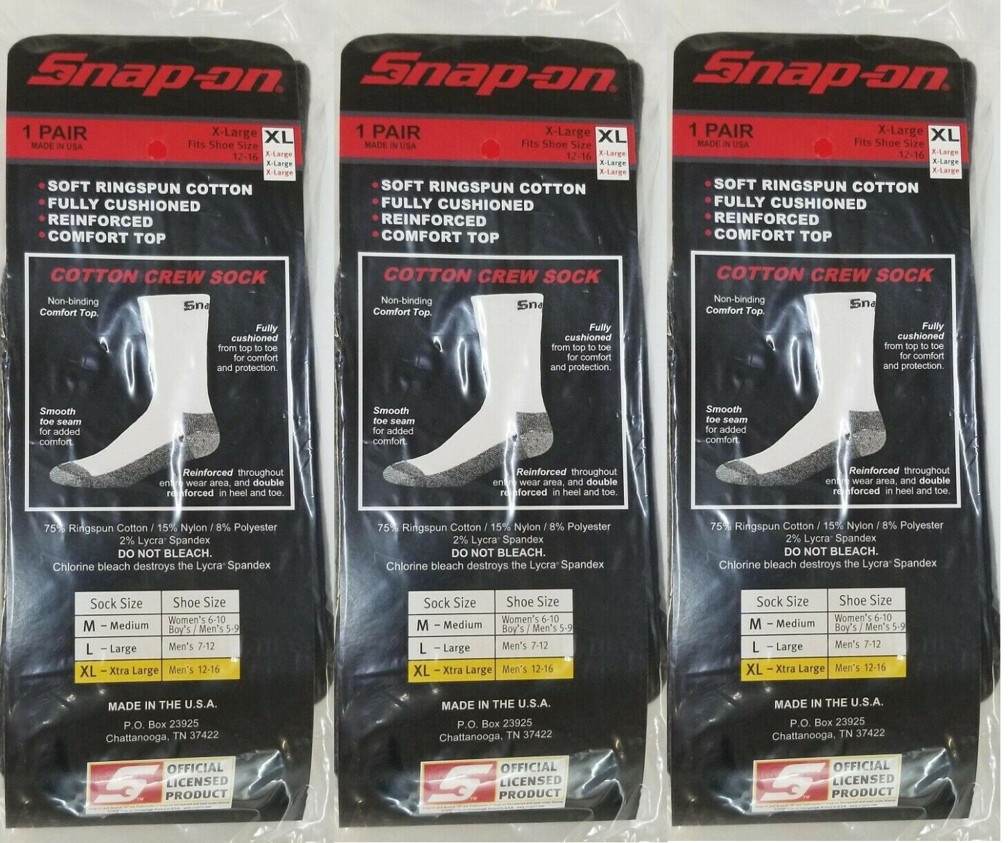 12 PAIRS Men's BLACK Snap-On Crew Socks X-LARGE *FREE SHIPPING* MADE IN USA *NEW