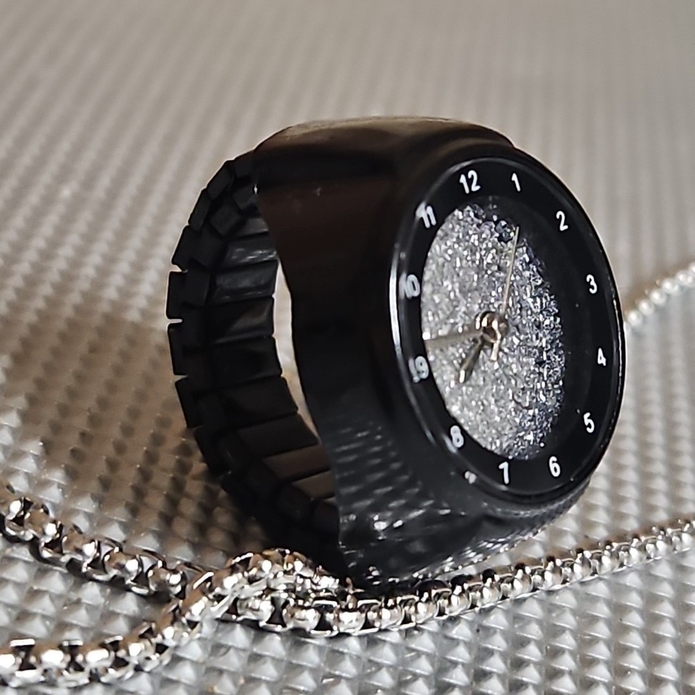 Black And Glitter Ringwatch/ Ring Watch