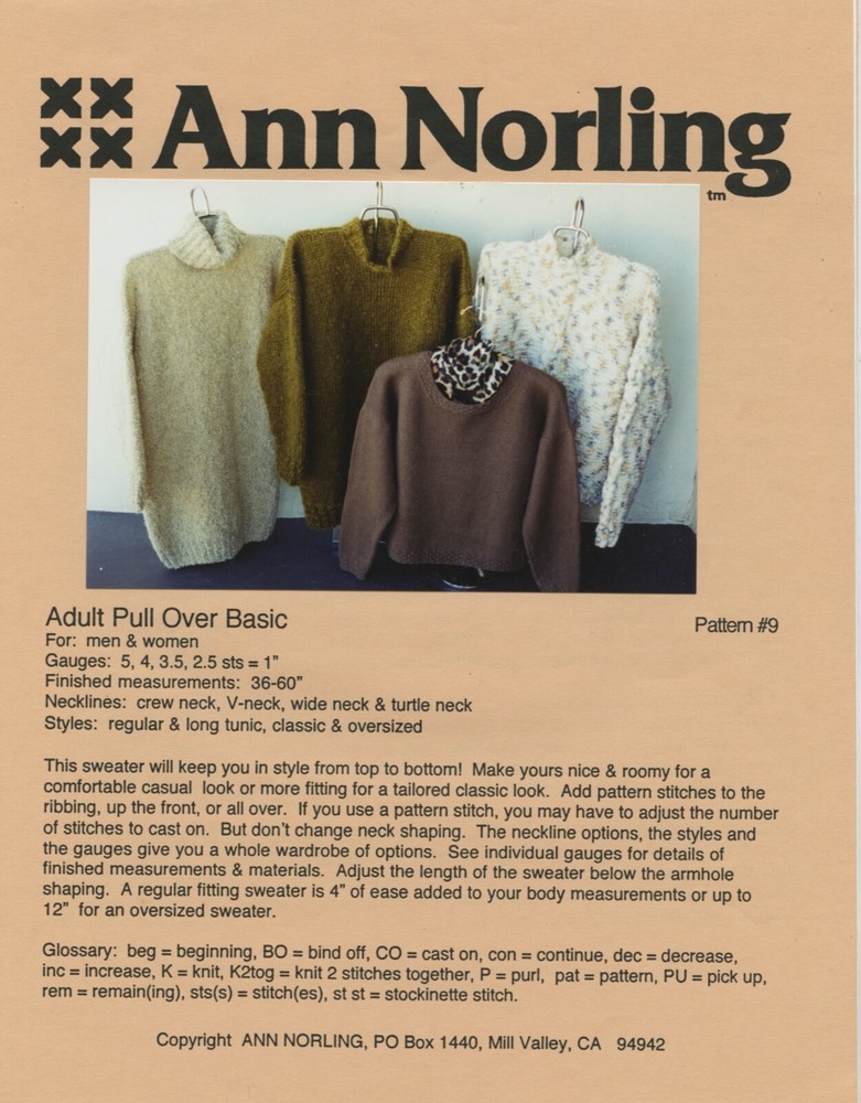 Ann Norling KNITTING PATTERN 9 Adult Pullover Basic for men & women 36"-60"