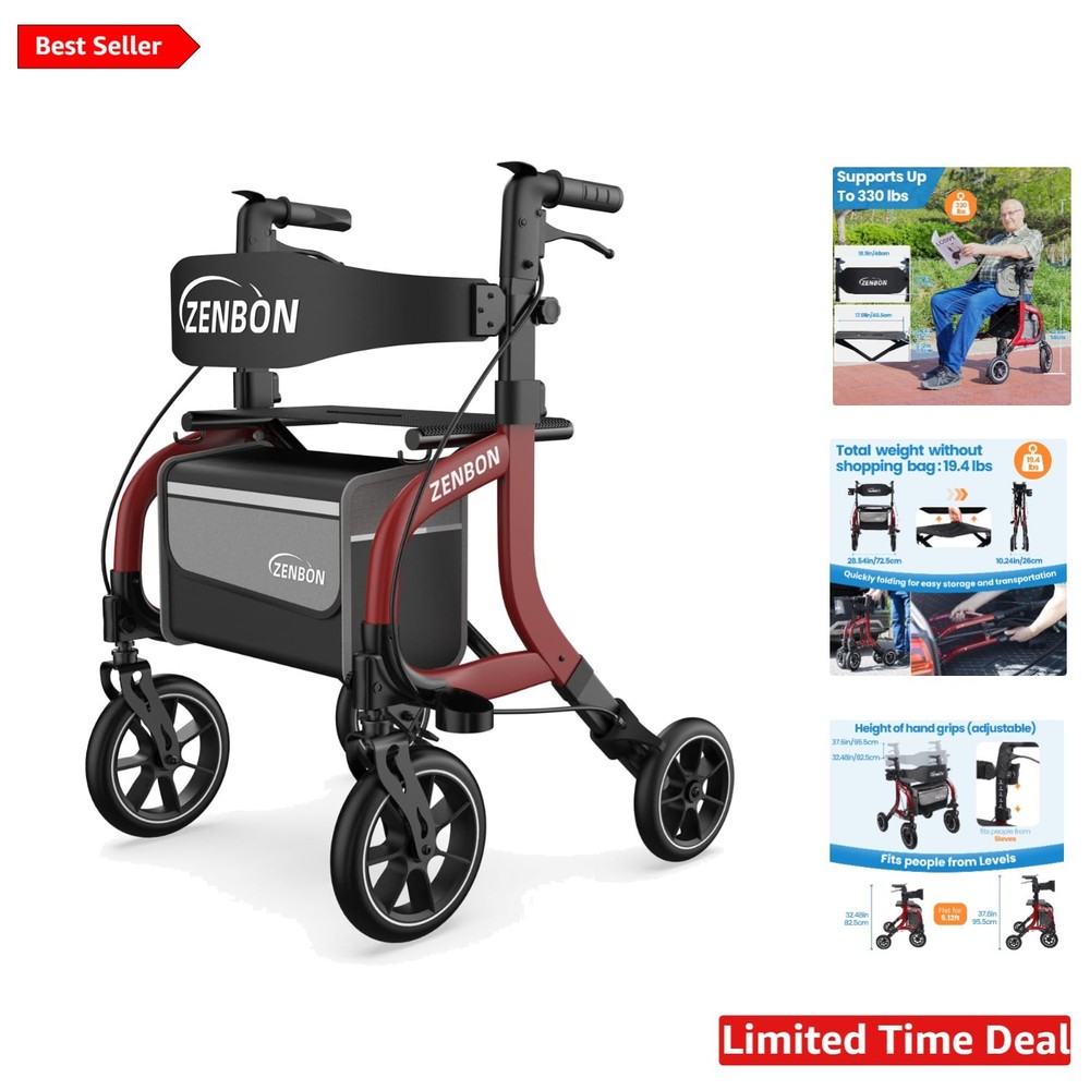 Ergonomic Rollator Walker for Seniors - Foldable | 330lbs Capacity | Red