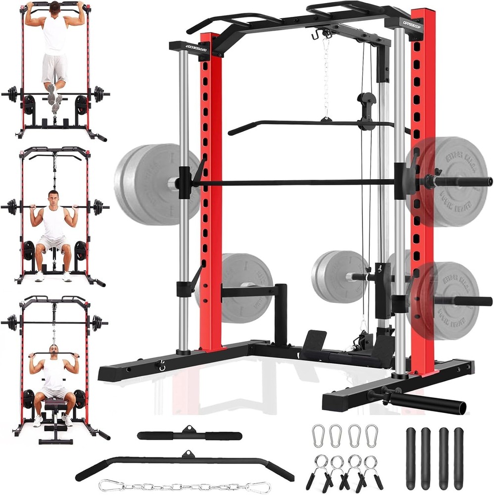 Smith Machine Squat Rack All-in-One Power Rack Cage with LAT-Pull Down System US