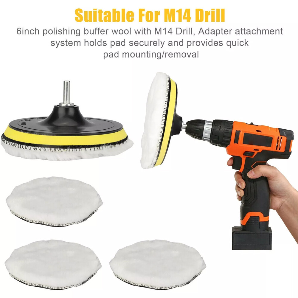 6" Buffing Polishing Pad Wool Wheel Mop Kit For Car Polisher Drill Adapter 5PCS