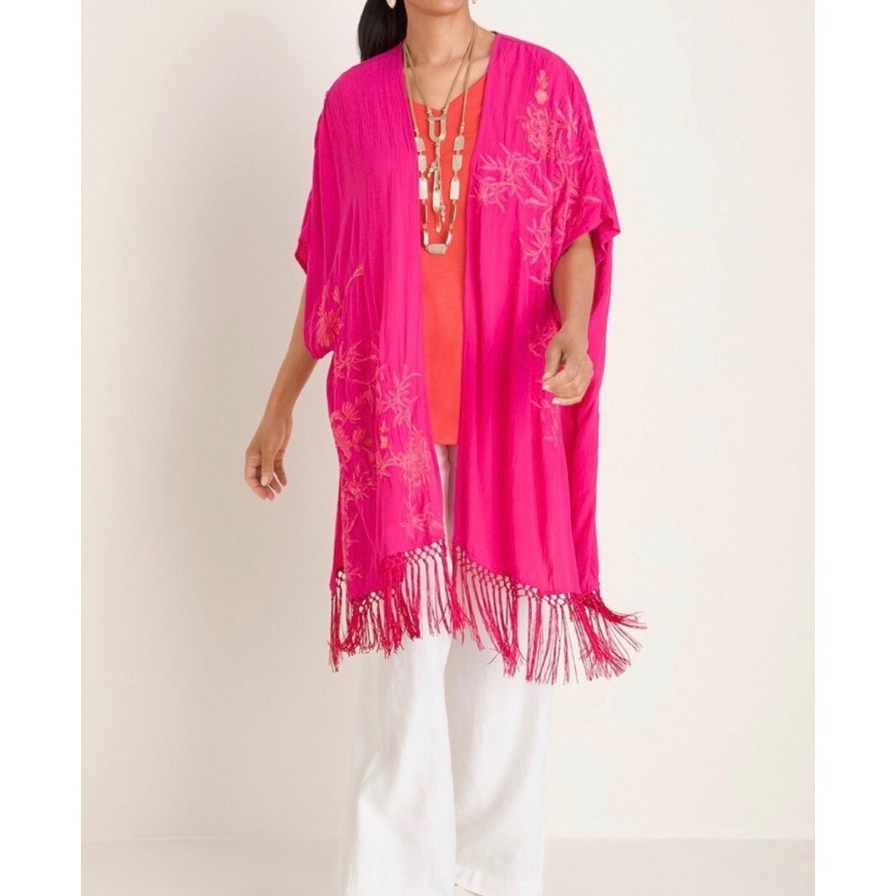 Chicos Floral Embroidered Ruana wrap in summer Berry Pink Kimono Fringe One Size