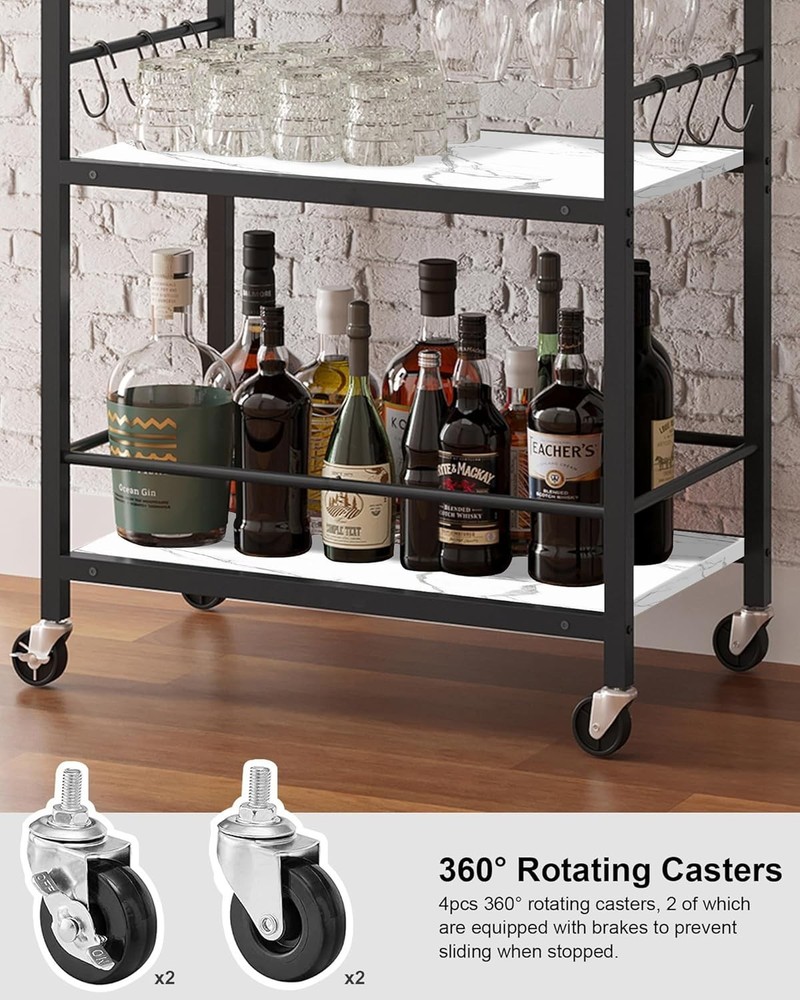 Elegant Marble White Bar Cart with Wine Rack - Stylish Multi-Function Design
