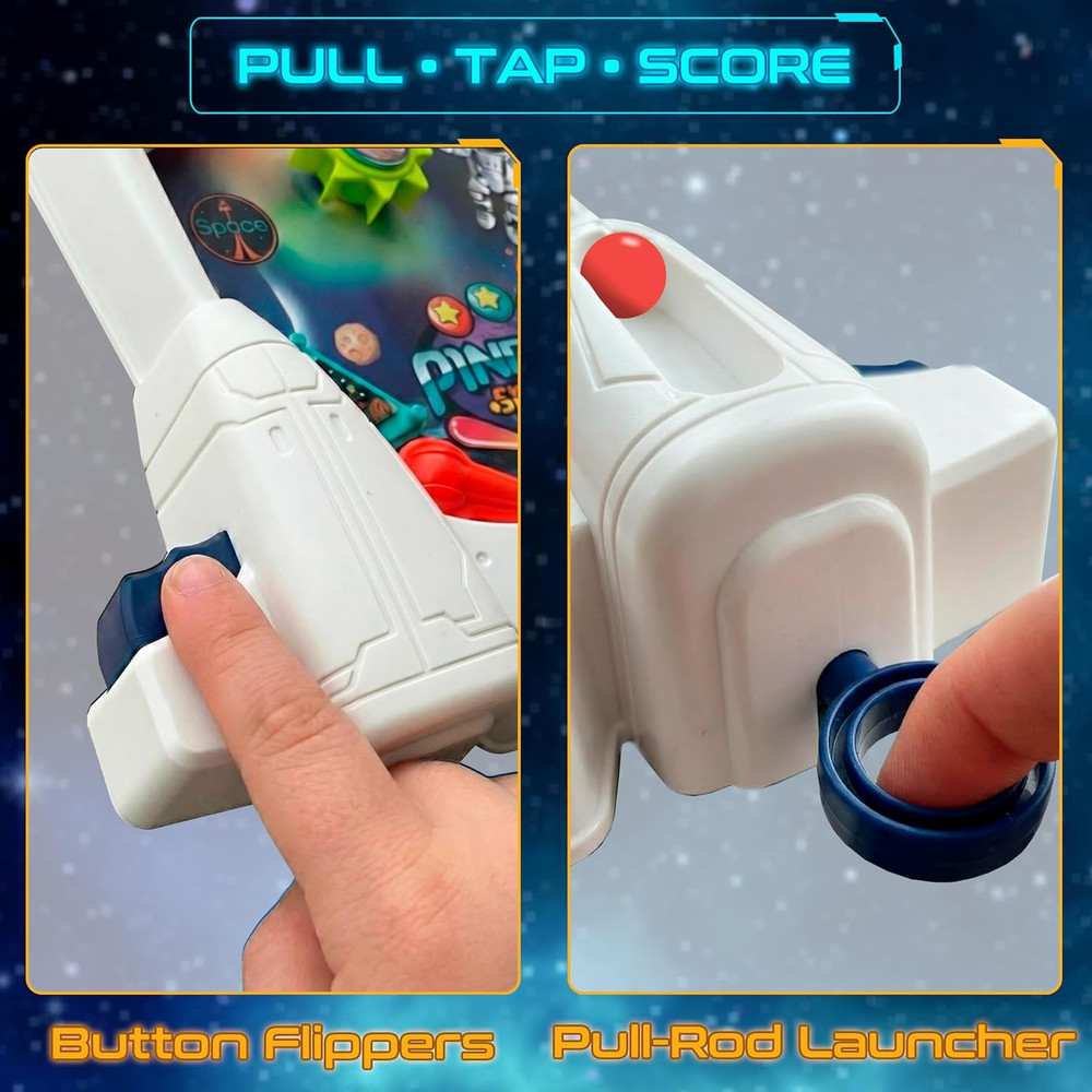 Space Pinball Machine — Tabletop Arcade Game with Obstacles, Pull-Rod Launcher,