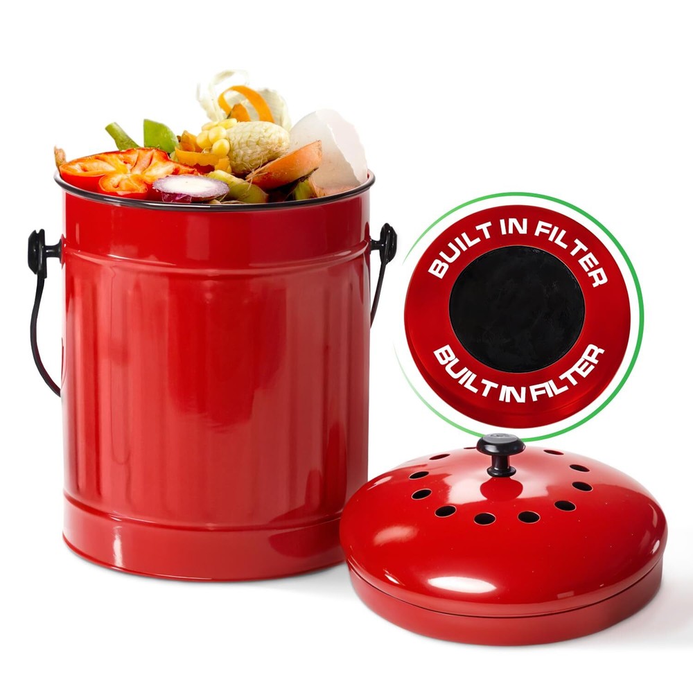 Countertop Compost Bin with Lid Red 1.5 Gallon Odorless Kitchen Compost Conta...