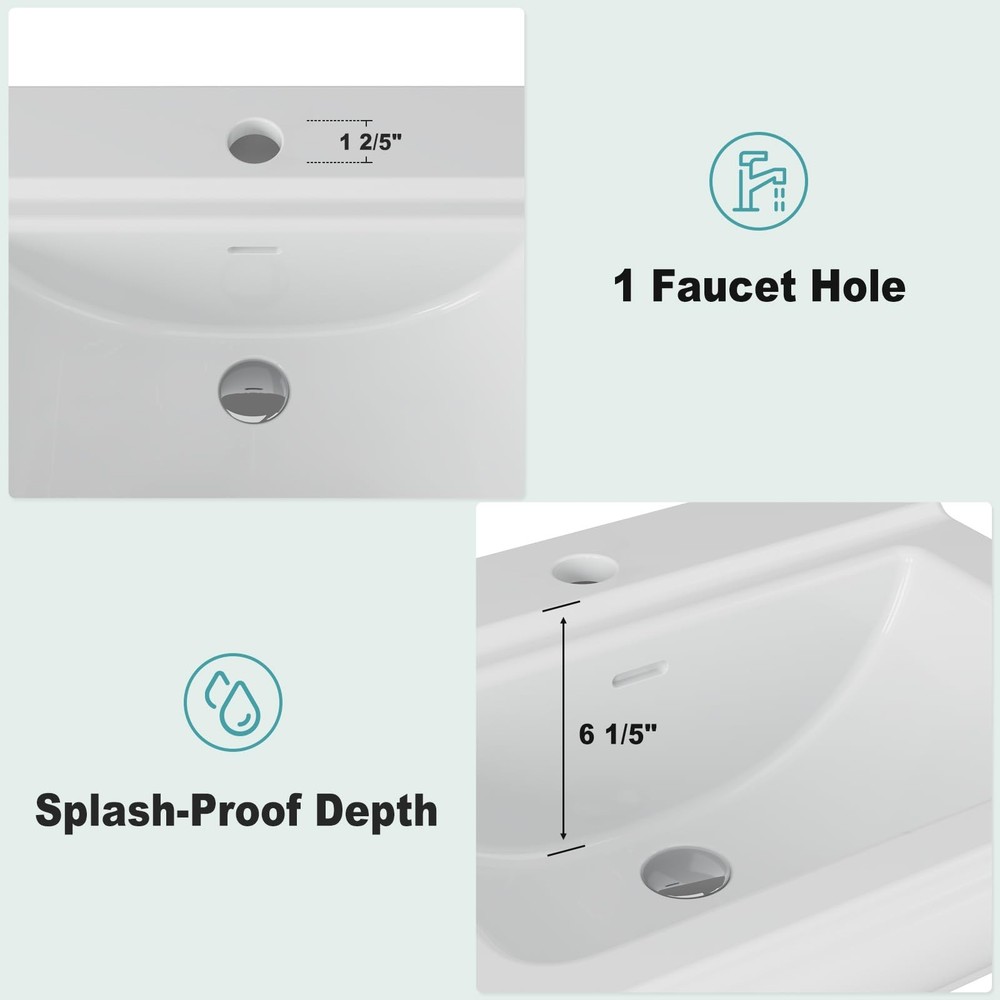 26" W X 20" D Bathroom Pedestal Sink, Rectangular White Ceramic Vanity Sink w...