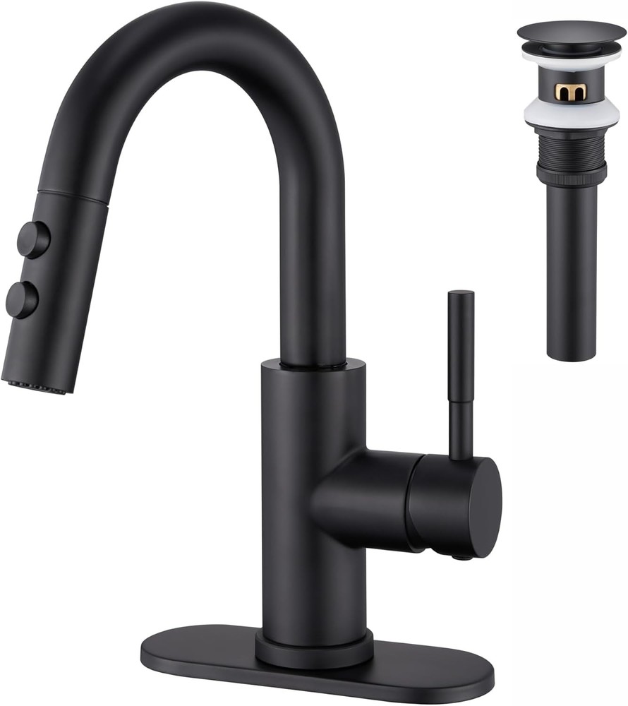 Bathroom Sink Faucet W/ Pull Down Sprayer Matte Black Single Handle Pull Out