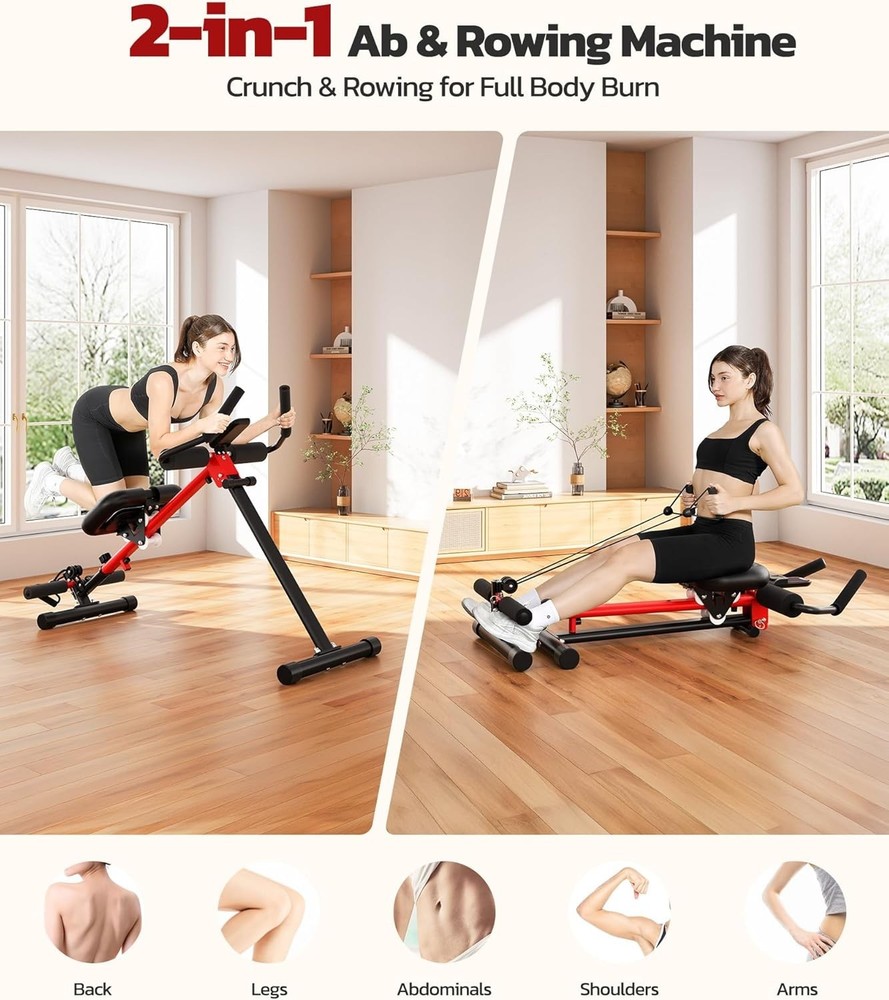 2-in-1 Ab & Rowing Machine - Foldable, 7-Length Adjustable, for Home Gym