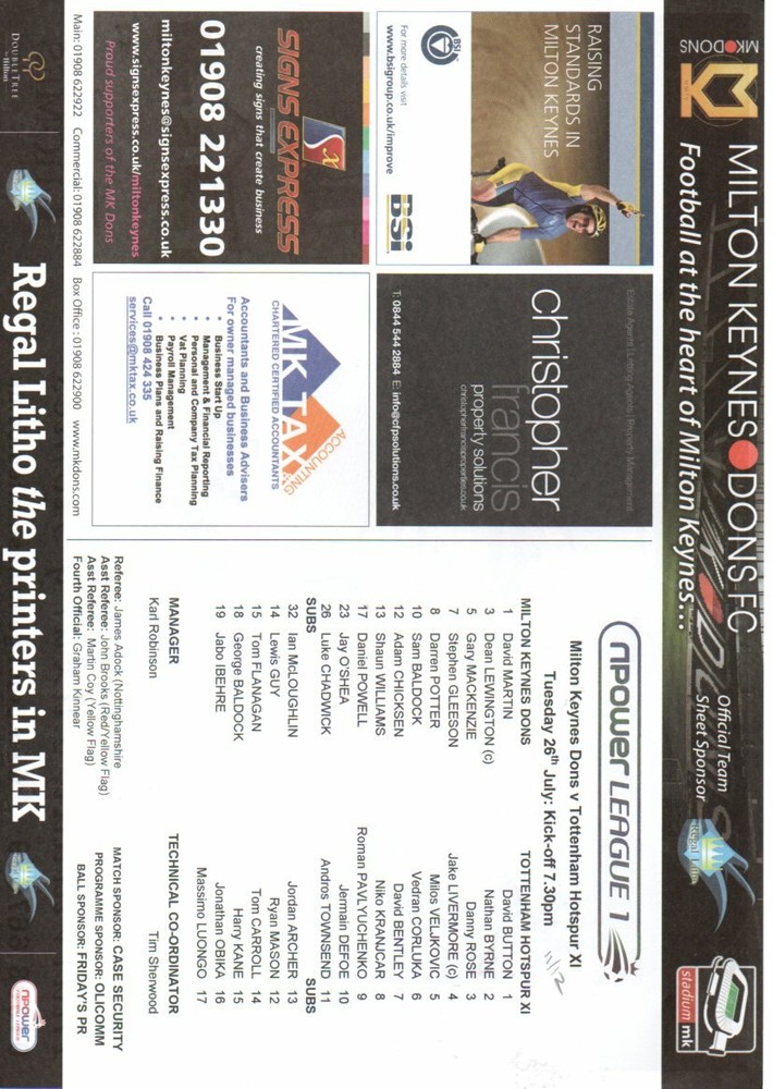 Team Sheet - MK Dons v Tottenham Friendly 26.7.2011