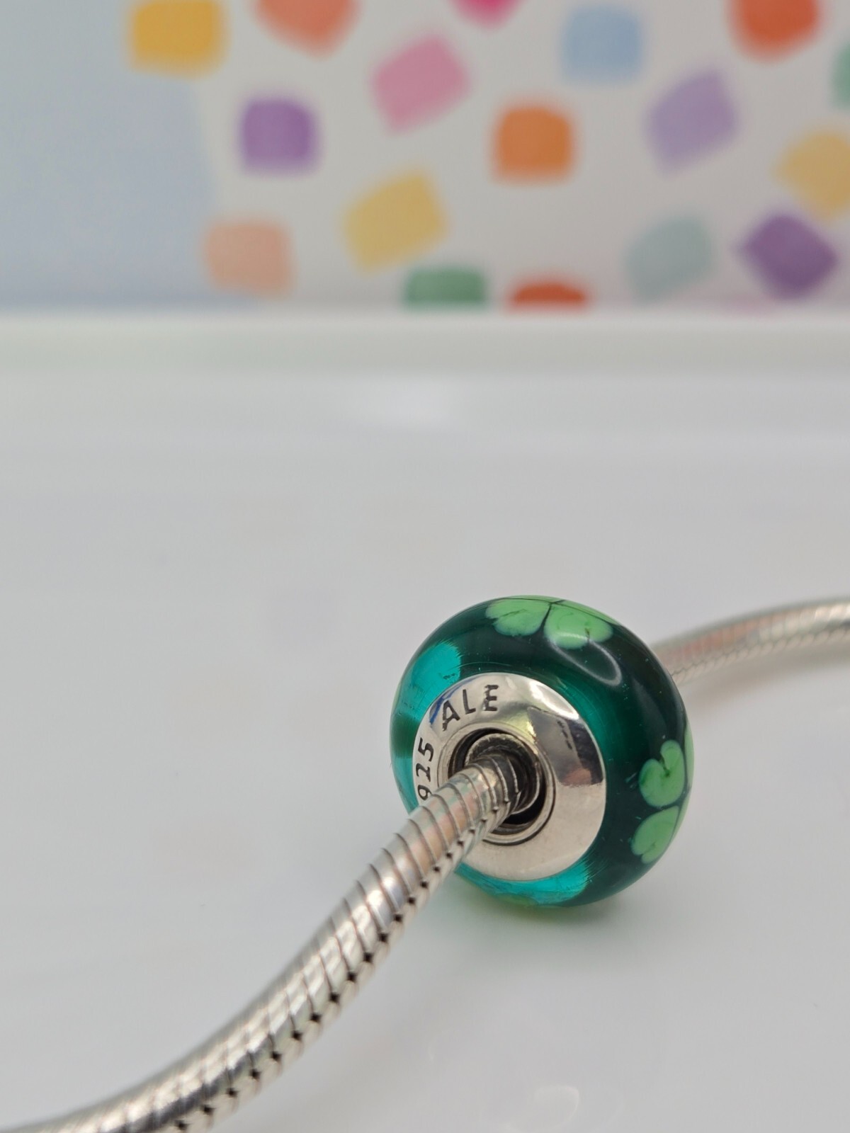 Authentic Pandora Green Lucky Clover Murano Silver Bead glass moments Charm