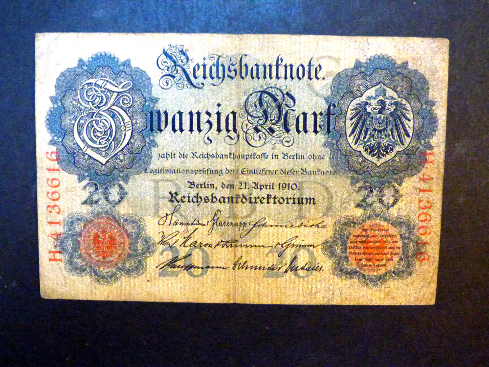 Scarce German Banknote.20 Mark.Kr.#40b 1910