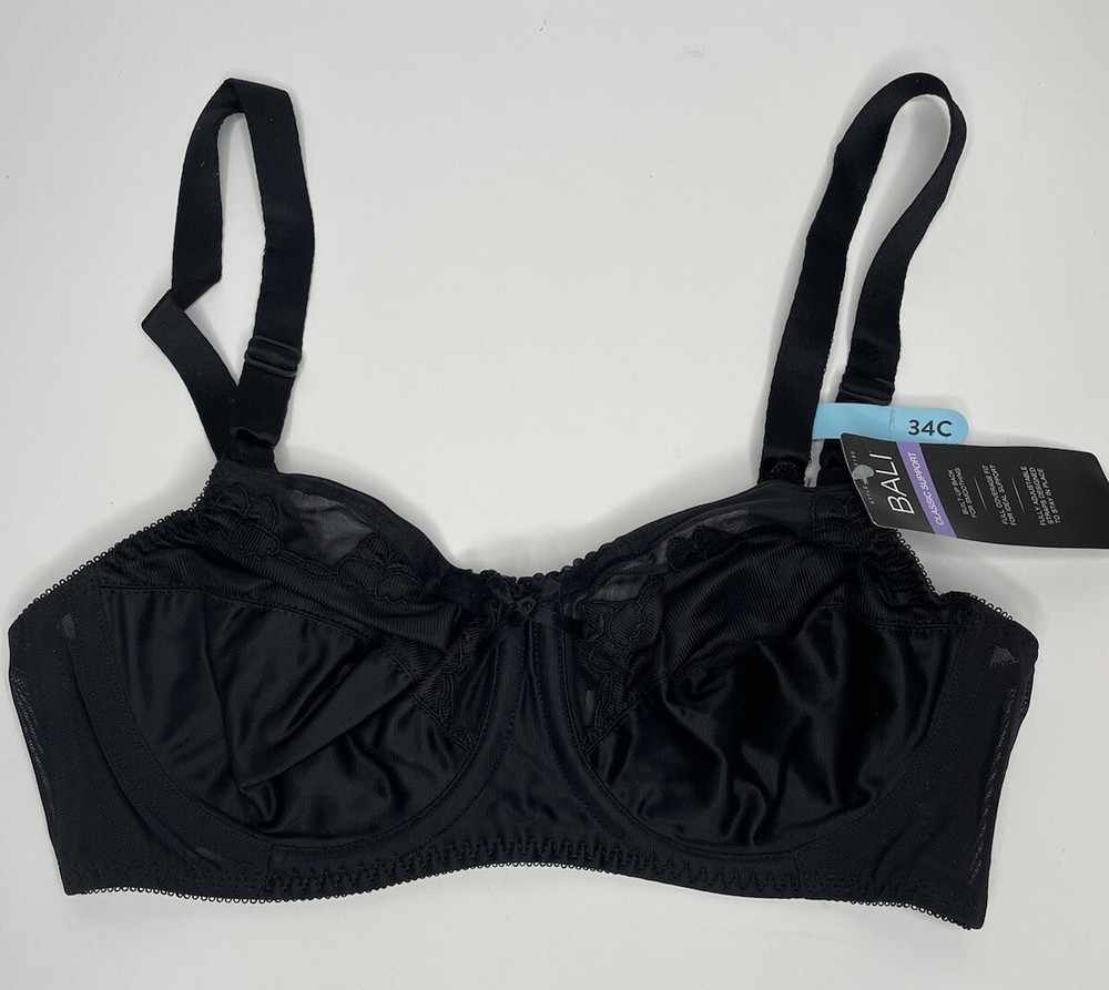 Bali Black Bra 34C Classic Support Underwire Full Coverage Flowers