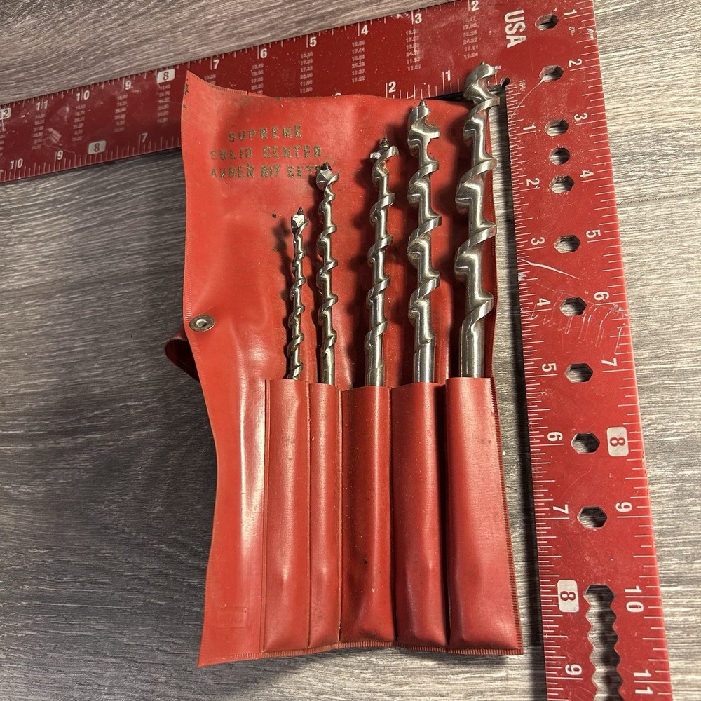 Vintage Supreme Solid Center Auger Bit Set - 5 Bits in Red Vinyl Roll Pouch