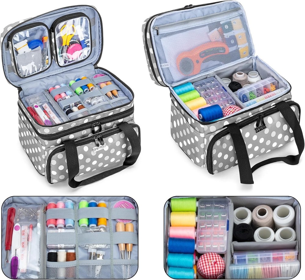 Chic Double Layer Sewing Organizer Bag with 2 Detachable Pouches - Polka Dots