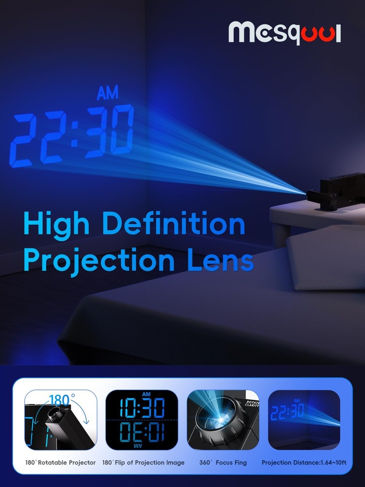 Bedside Alarm Clock With Projector, Dimmer, Dst, Battery Backup, Black