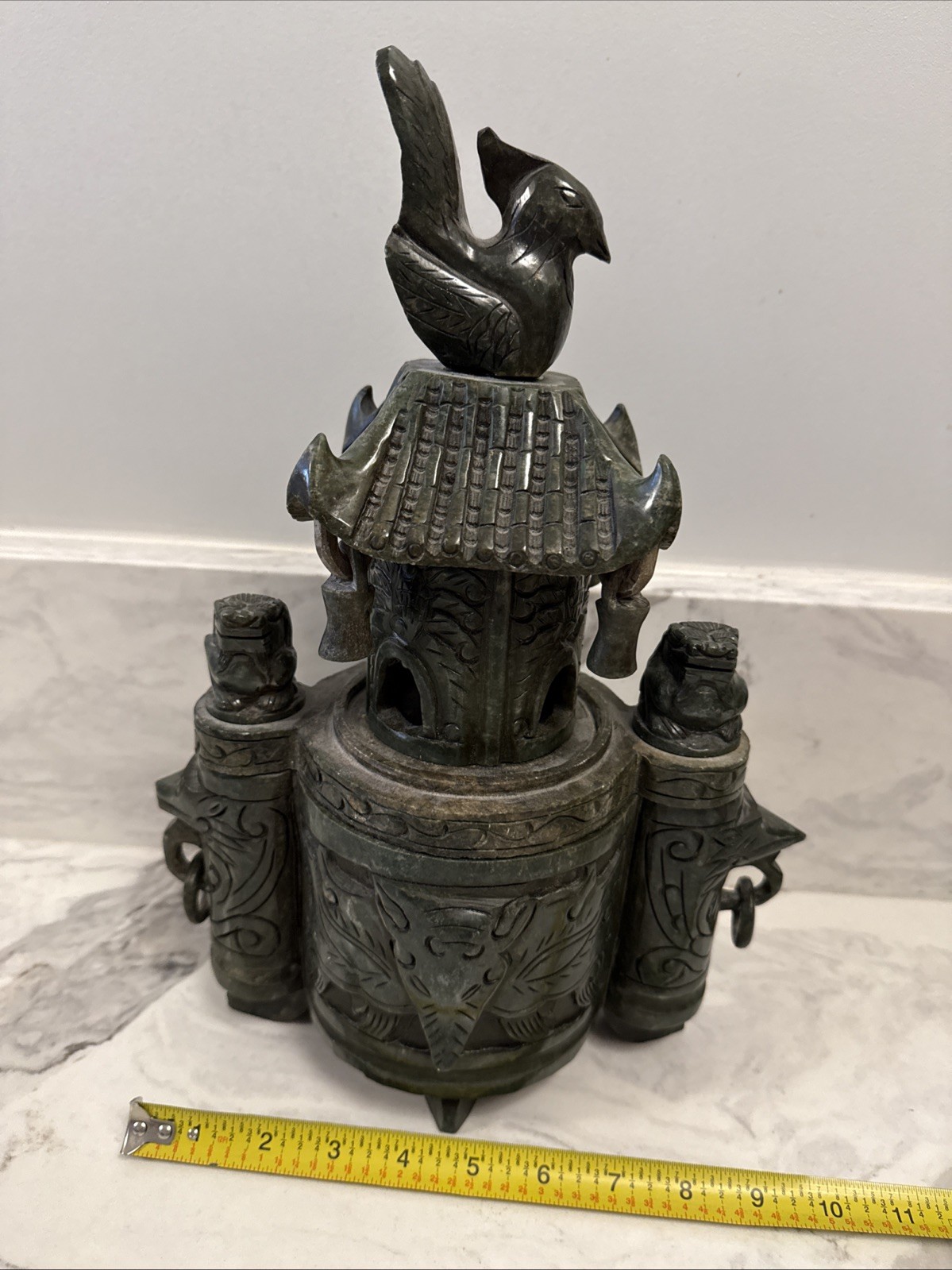 Large Vintage Chinese Deep Green Nephrite Jade Incense Burner 14”