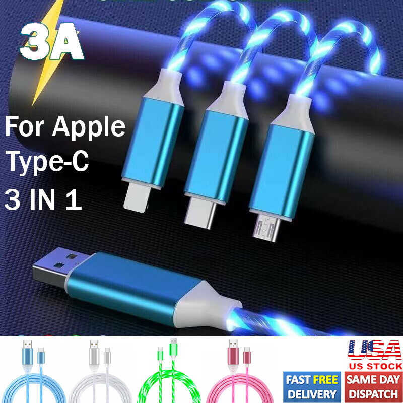 3 in 1 LED Light Up Fast charger Cable USB Data Cable Charging For iPhone Type C