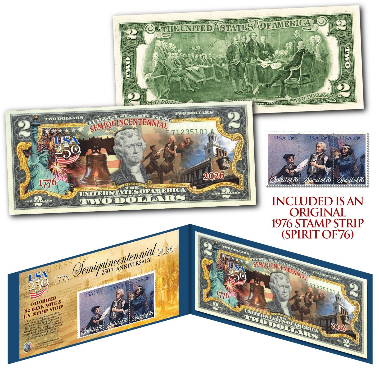 America 250th Anniversary Spirit of '76 Stamp Strip X July 4th USA250 $2 US Bill