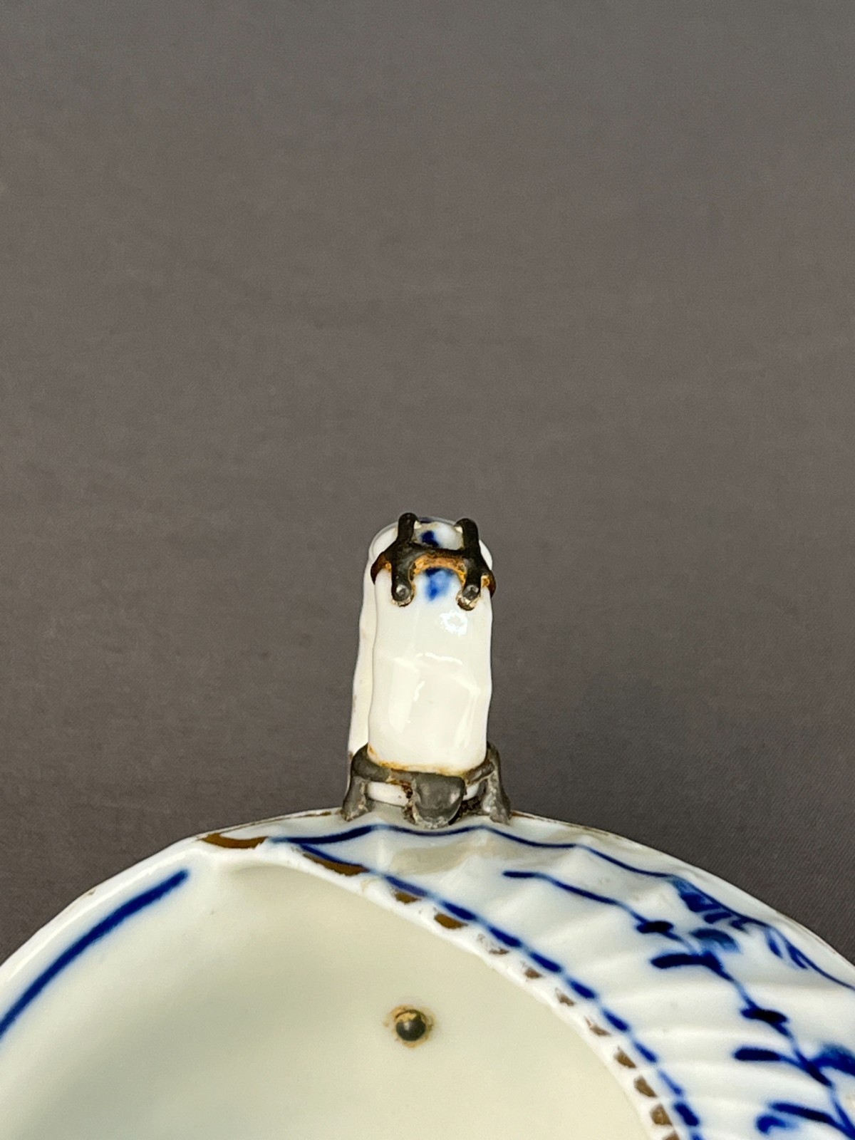 Royal Tettau BLUE ONION Invalid Feeder Pap Boat w/STAPLE REPAIR MAKE DO c. 1885