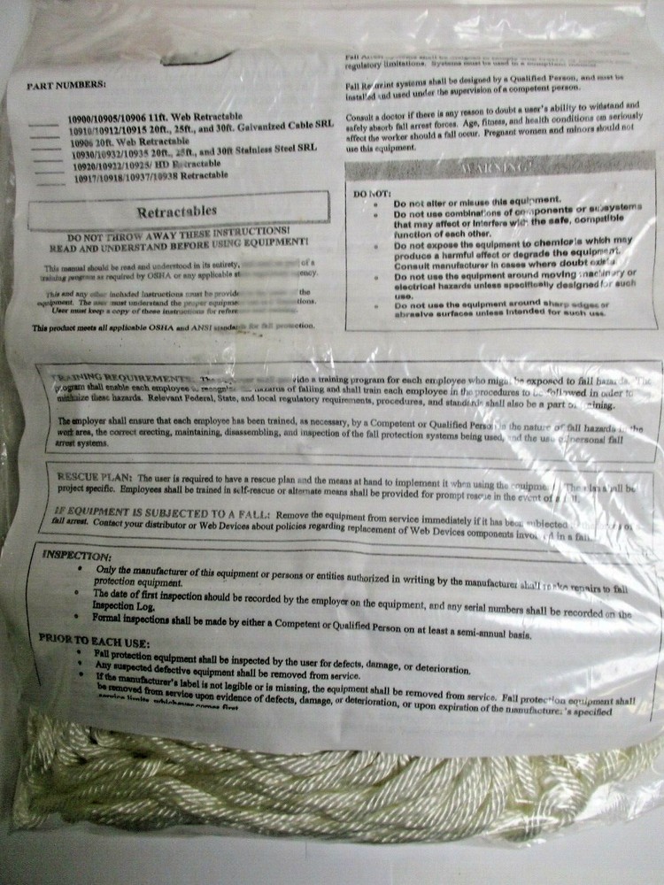 WEB DEVICES FALL ARREST SYSTEMS, 30' CABLE RETRACTABLE WITH CARIBINEER