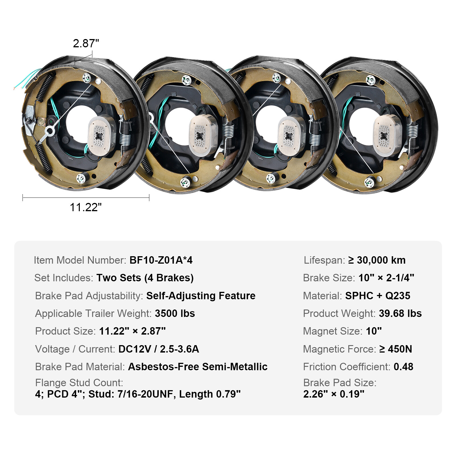 VEVOR Electric Trailer Brake 10"x2-1/4" Self-Adjusting Assembly 2 Pairs 3500 lbs