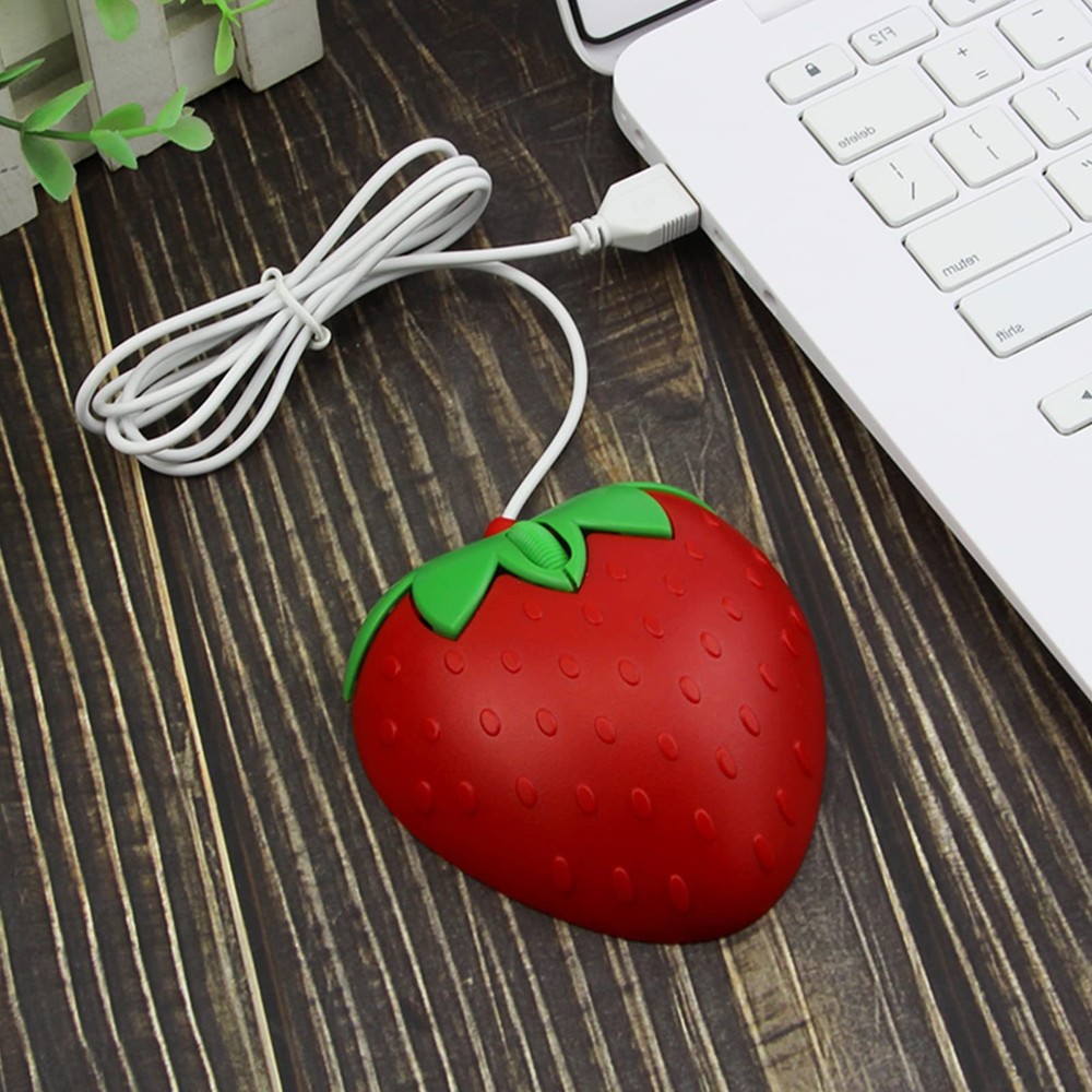 Wired Mouse Strawberry Shape Corded 3 Button 1200 DPI Optical USB Red Cord