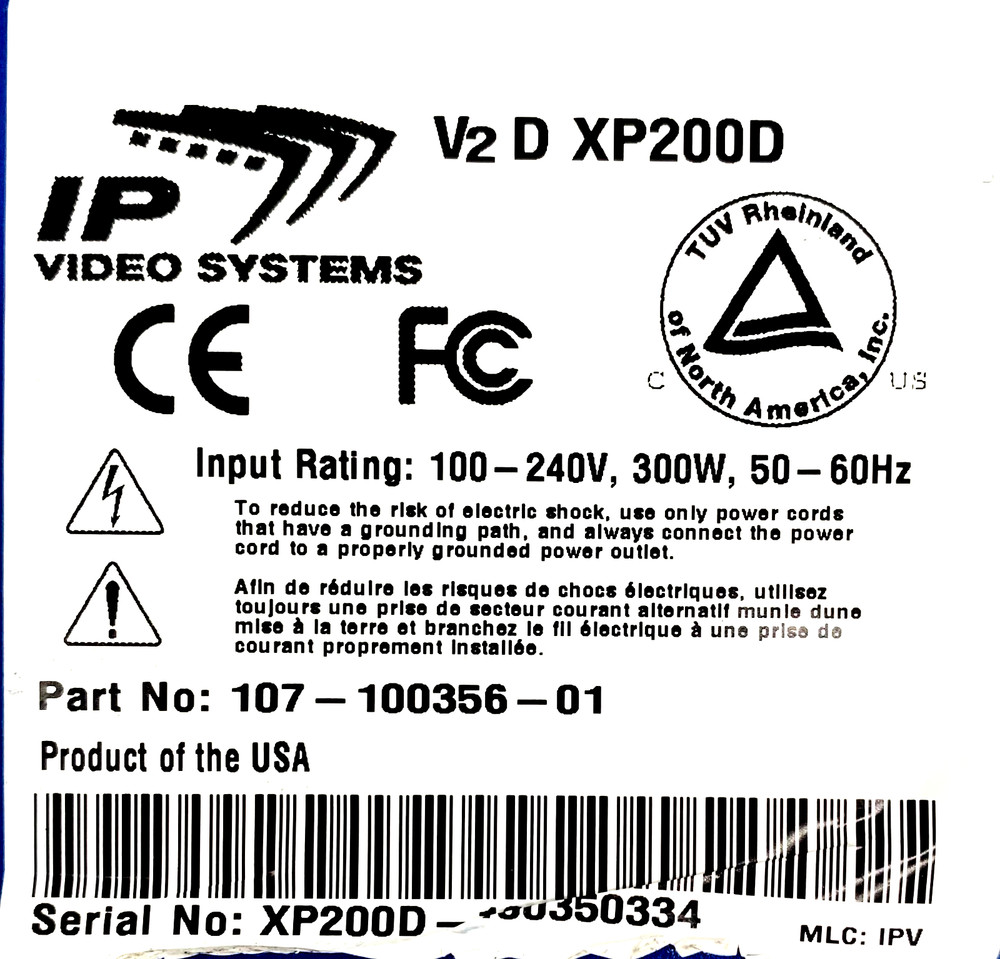 IP VIDEO SYSTEMS V2 D XP 200-D DUAL CHANNEL VIDEO TO DATA ENCODER/DECODER