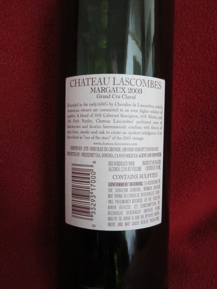 2003 Chateau Lascombes empty wine bottle with cork