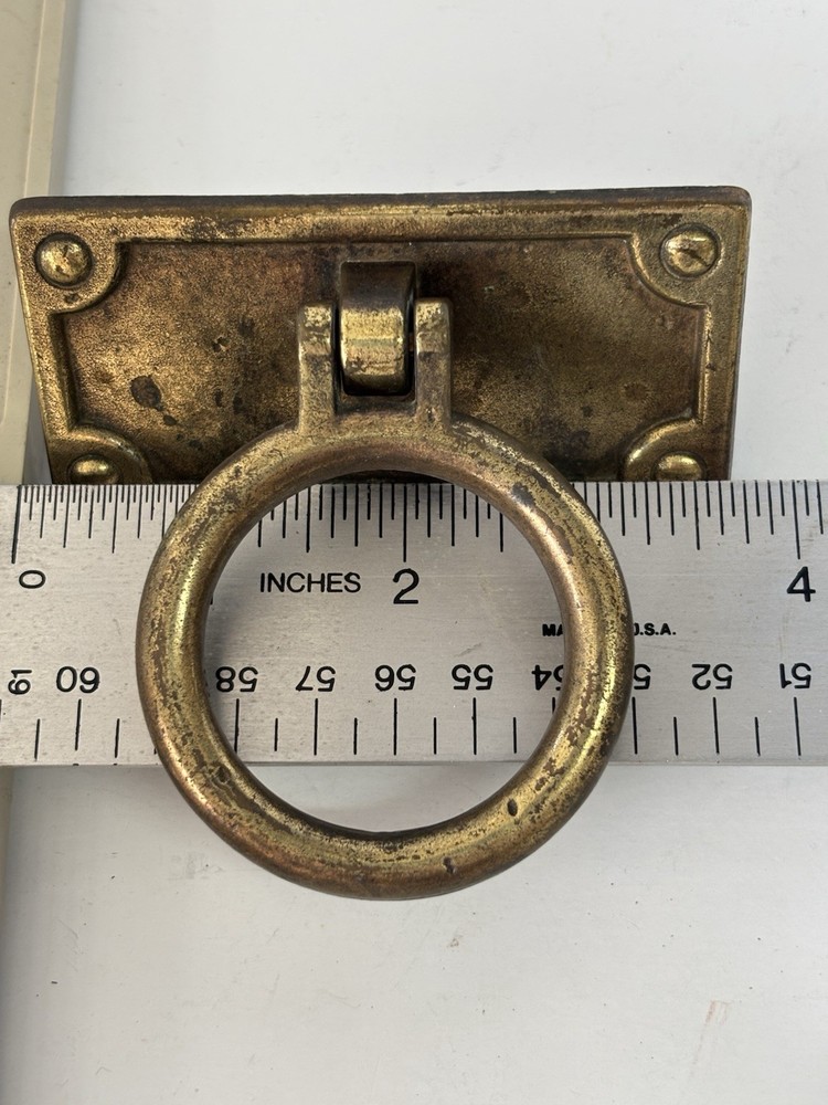 4 Salvage Rectangle Brass Drop Large Ring Double Screw Drawer Pulls 3.75"