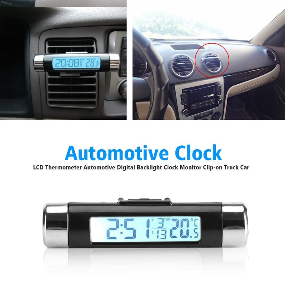 Car Clock Thermometer, Digital Car LCD Thermometer with Backlight, U...