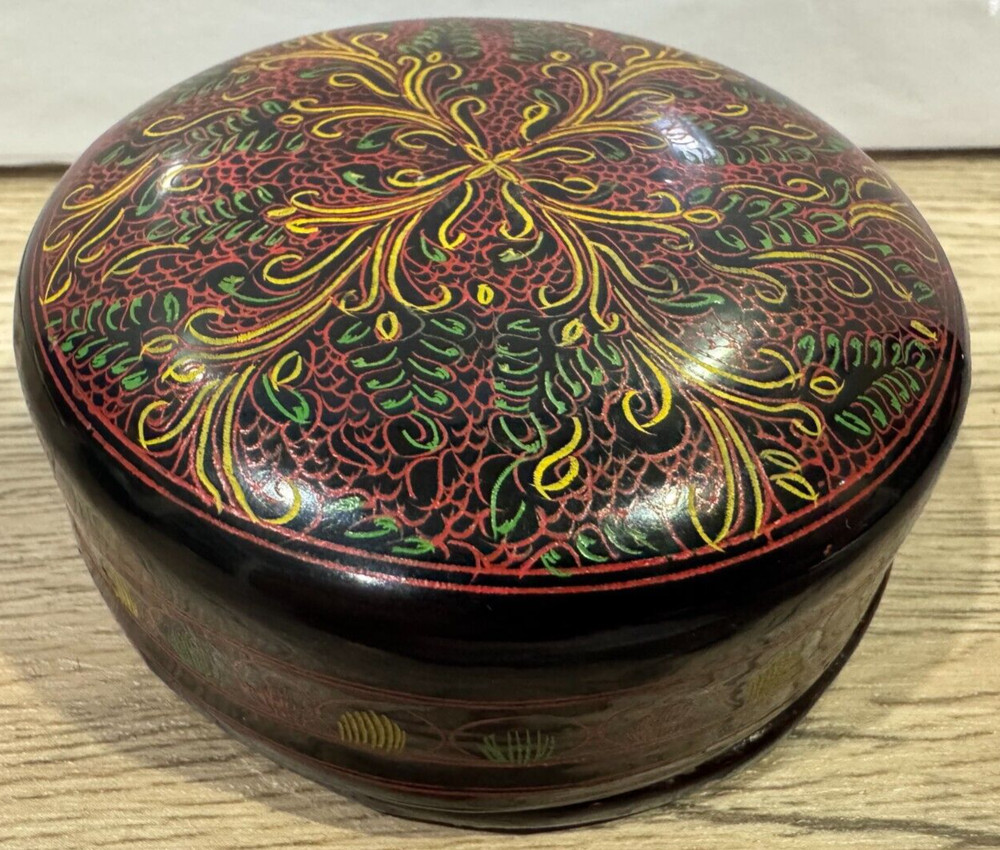 Six Lacquerware Coasters in Round Lacquerware Container